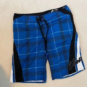 O'Neill New Blue Plaid Swim Trunks — Men 32 Waist with Drawstring and No Pockets
